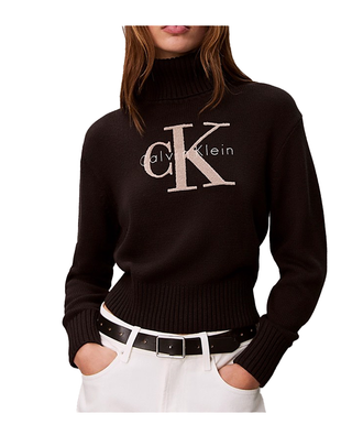 MAGLIONE DONNA A COLLO ALTO CON STAMPA RICAMATA - NERO LV047D354G UB1 CALVIN KLEIN 