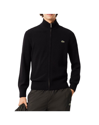 MAGLIONE UOMO FULL ZIP IN LANA CARDATA - NERO AH5181 031 LACOSTE 