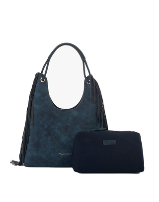 BORSA HOBO EFFETTO SUEDE CON FRANGE - BLU DELAVATO B801EU N MANILA GRACE 