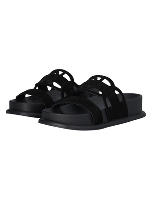 CIABATTA DONNA CON DOPPIA FASCIA " COW SUEDE " - NERO