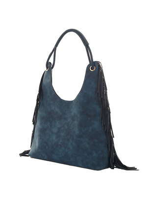 BORSA HOBO EFFETTO SUEDE CON FRANGE - BLU DELAVATO B801EU N MANILA GRACE 